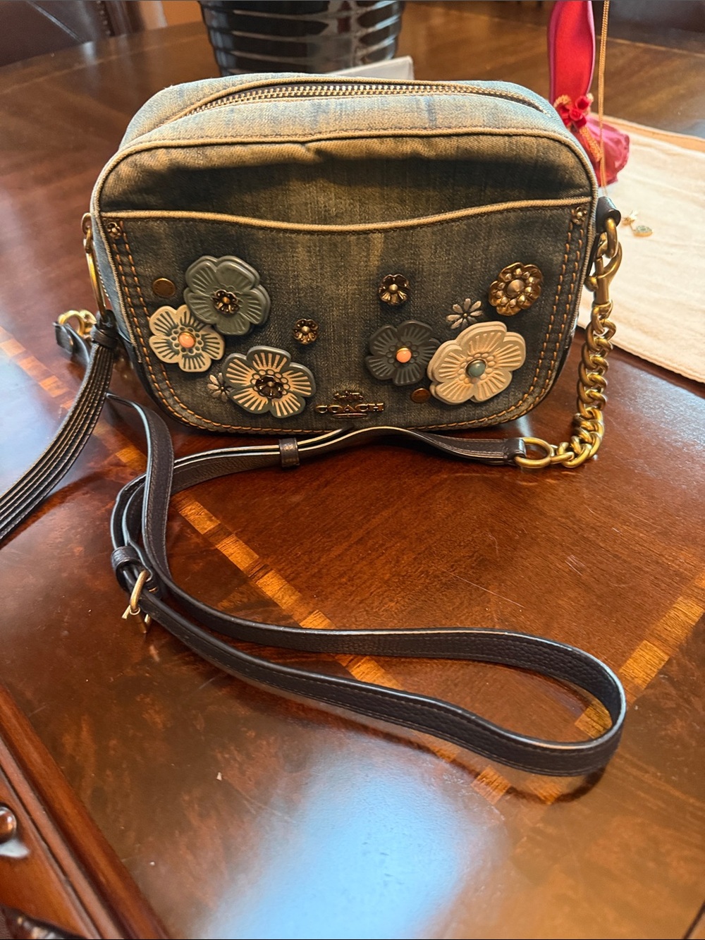 Coach Tea Rose Denim Floral Appliqué Crossbody Bag - Picture 2 of 14